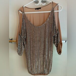 Sequined cold shoulder top, blush coloured